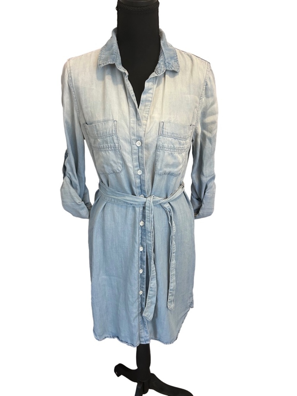 cloth & stone Light Wash Denim Chambray Shirt Dress with Waist Tie XS